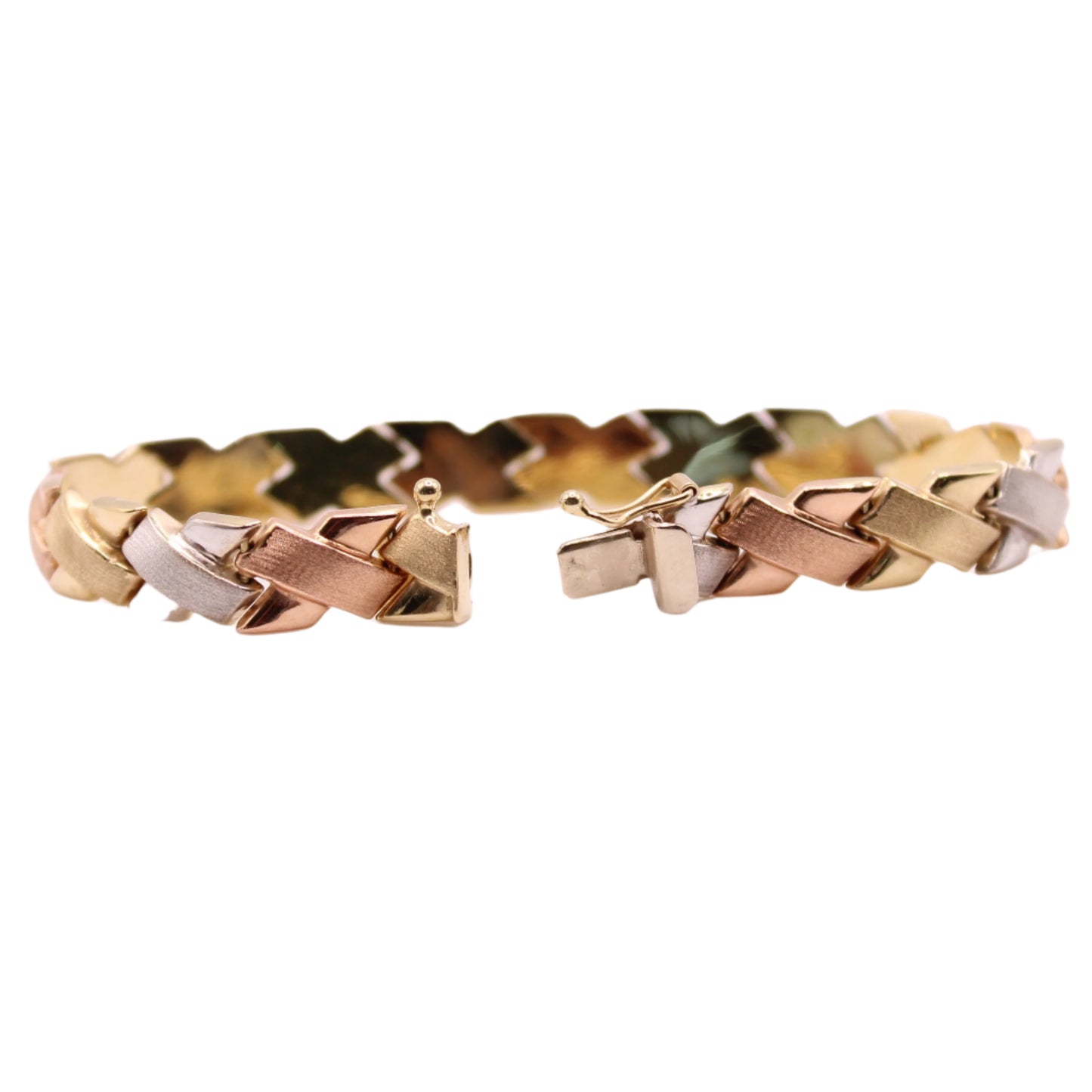Aurafin 14kt Tri Color Yellow White Rose Gold Brushed X Link Bracelet