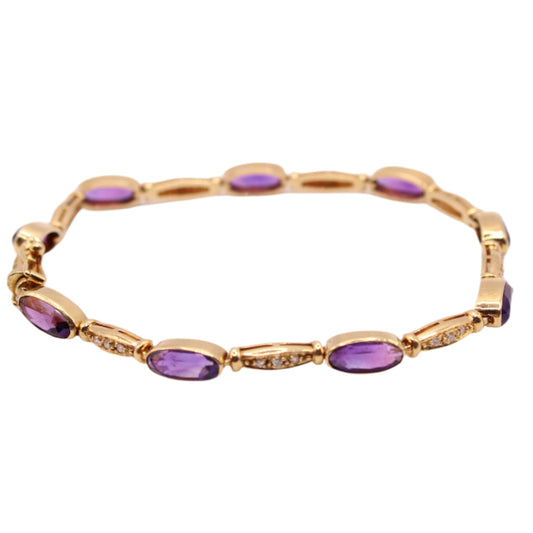18kt Yellow Gold Diamond Oval Amethyst Tennis Chain Link Bracelet 7.25"