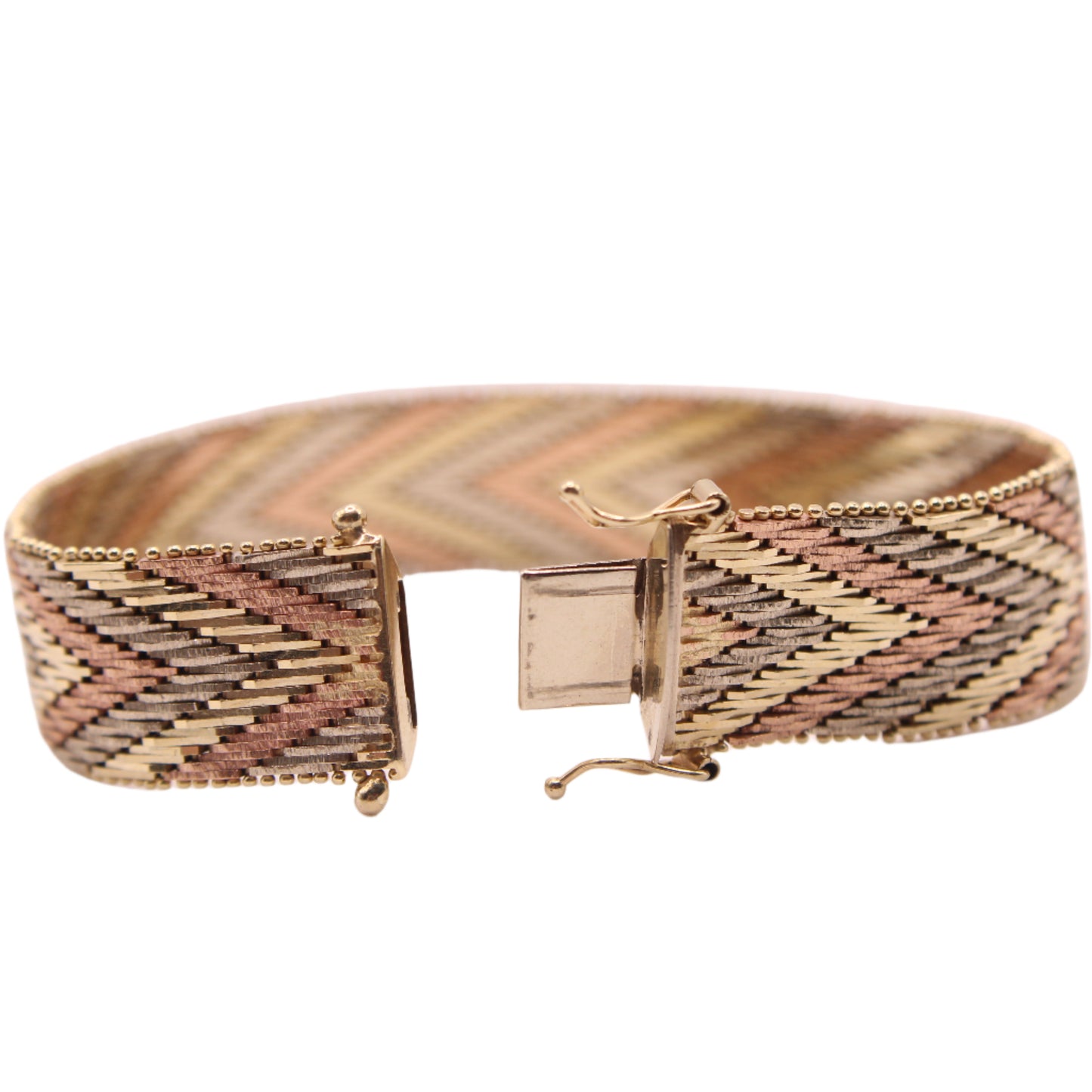 14kt Italy TriColor Yellow White Rose Gold Wide Woven Chevron Bracelet 7"
