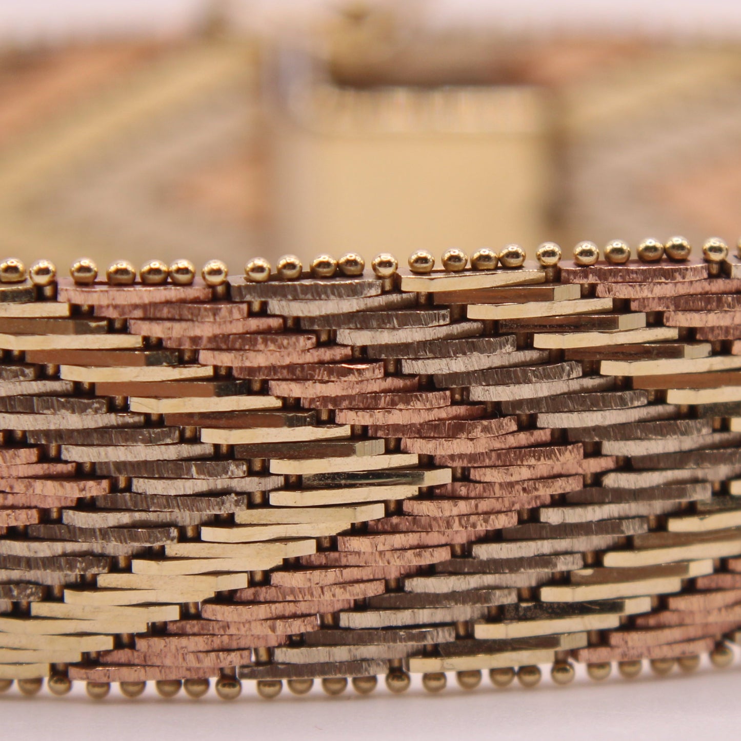 14kt Italy TriColor Yellow White Rose Gold Wide Woven Chevron Bracelet 7"