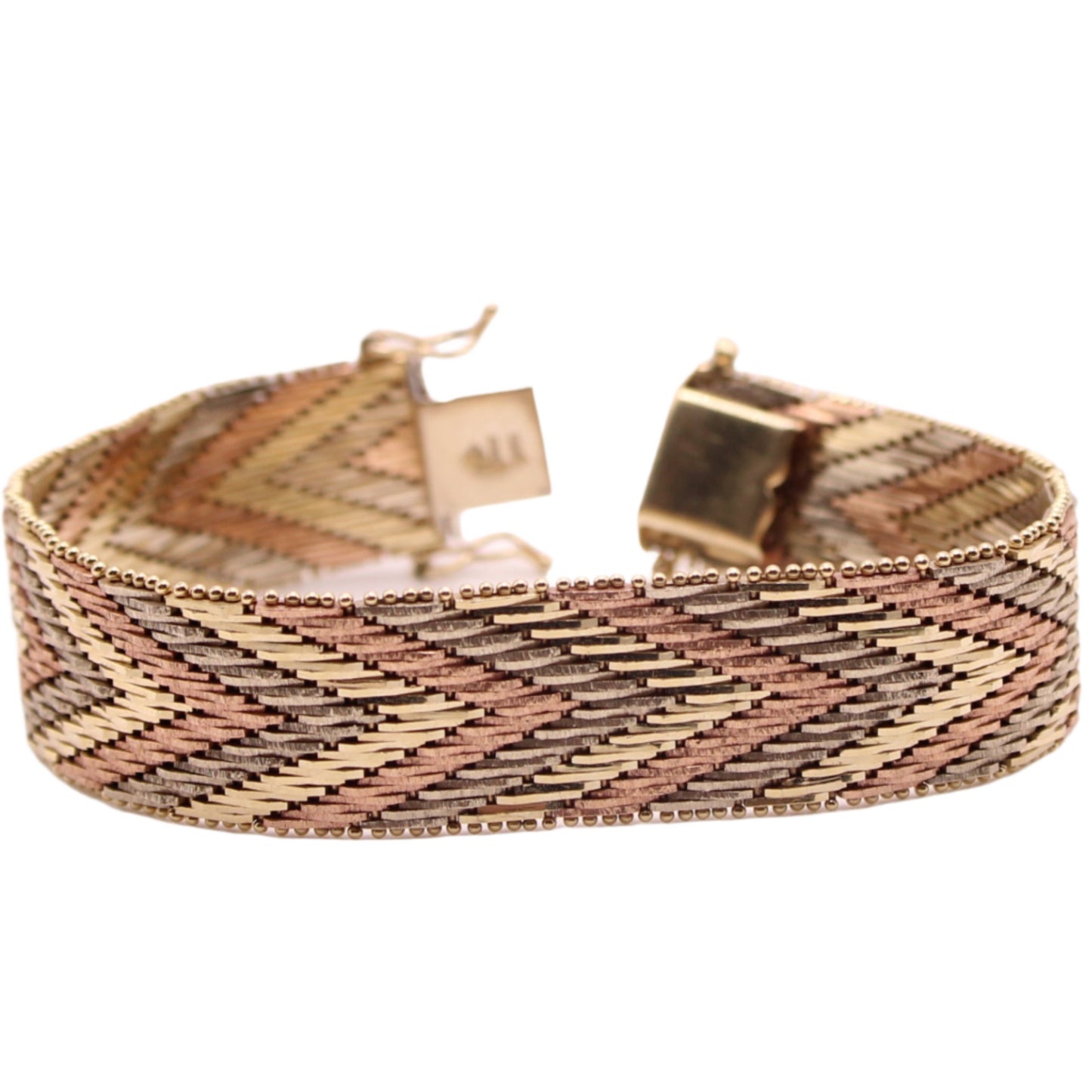 14kt Italy TriColor Yellow White Rose Gold Wide Woven Chevron Bracelet 7"