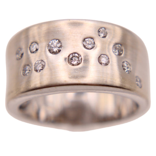 14kt White Gold Diamond Flush Set Constellation Scattered Satin Finish Ring