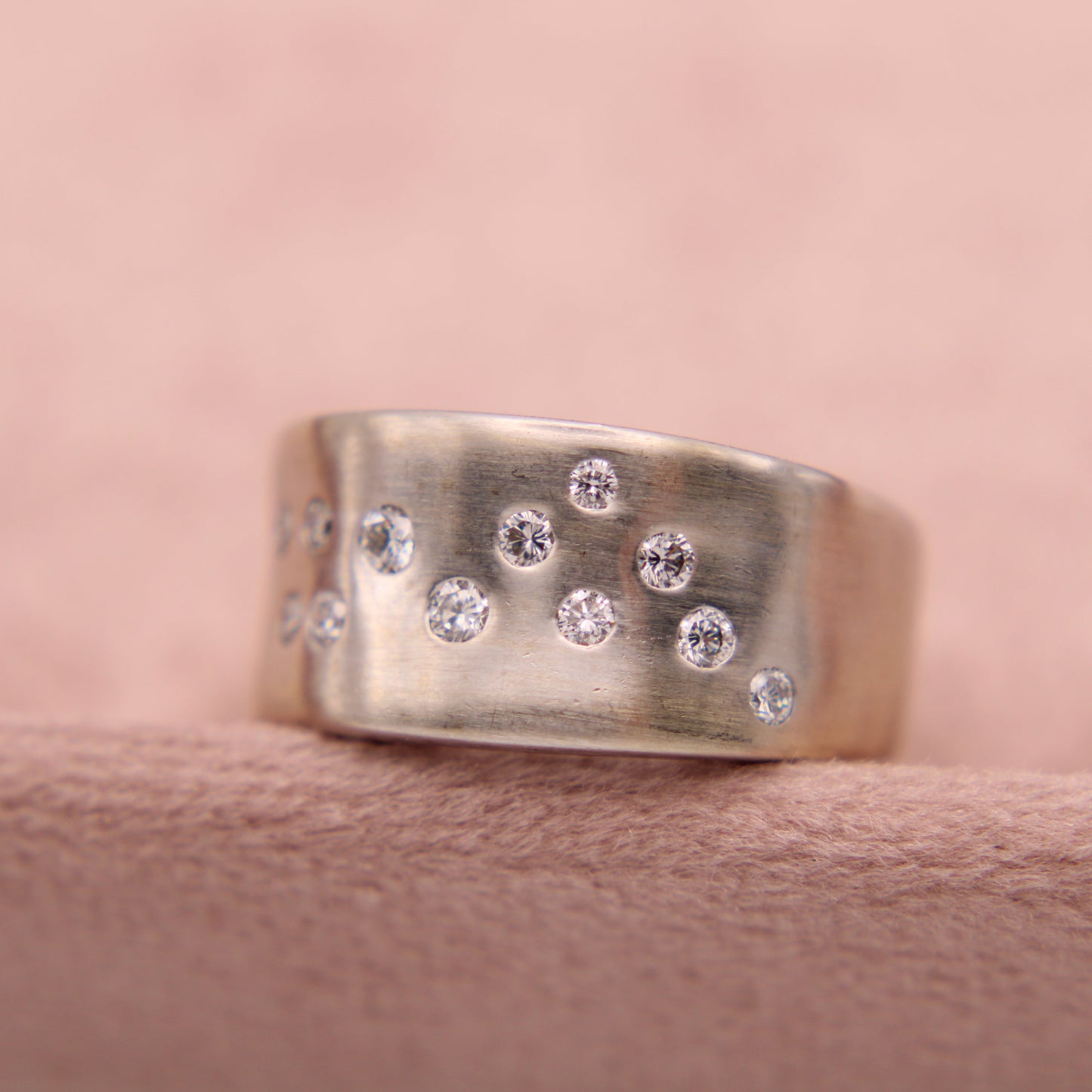 14kt White Gold Diamond Flush Set Constellation Scattered Satin Finish Ring