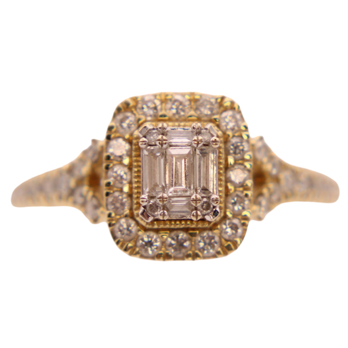 14kt Yellow Gold Diamond Round & Emerald Cut Midcentury Modern Engagement Ring