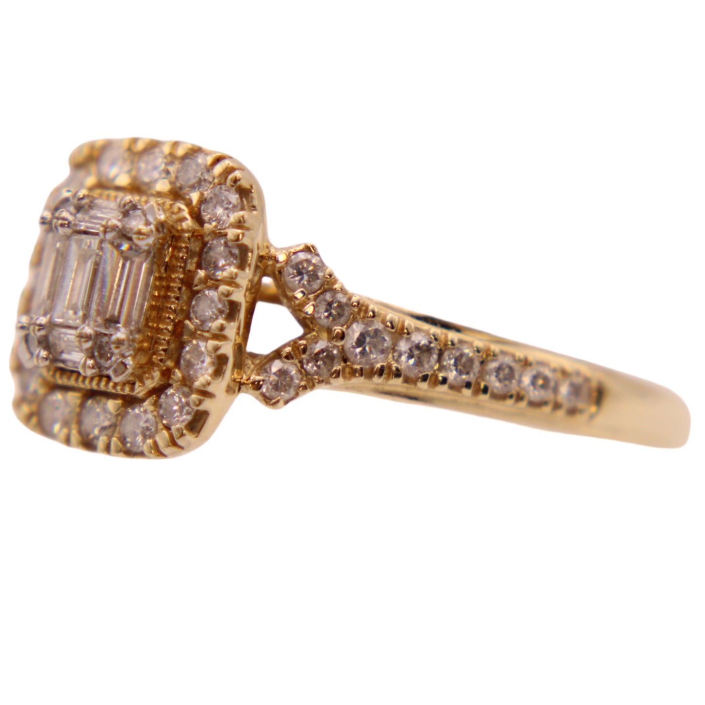 14kt Yellow Gold Diamond Round & Emerald Cut Midcentury Modern Engagement Ring