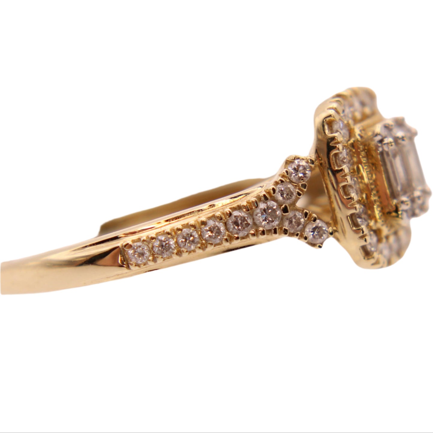 14kt Yellow Gold Diamond Round & Emerald Cut Midcentury Modern Engagement Ring