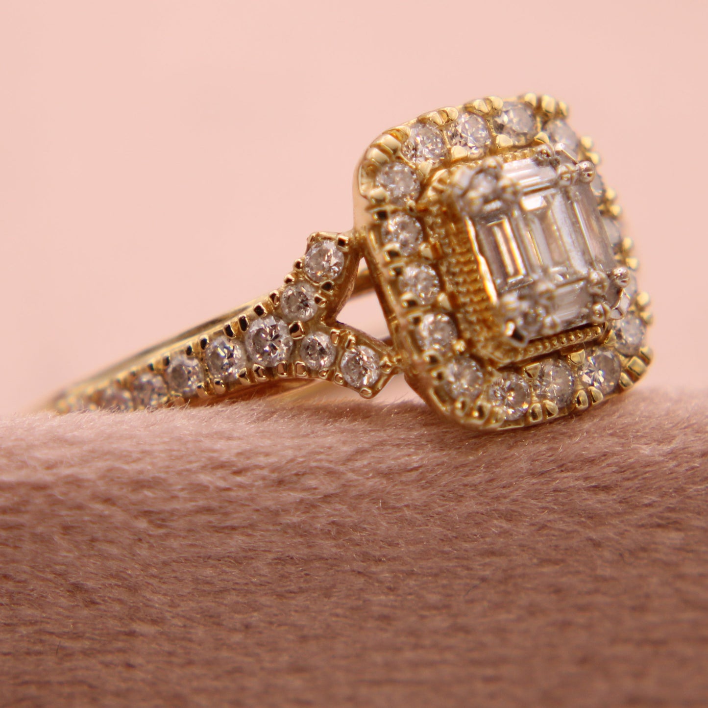 14kt Yellow Gold Diamond Round & Emerald Cut Midcentury Modern Engagement Ring