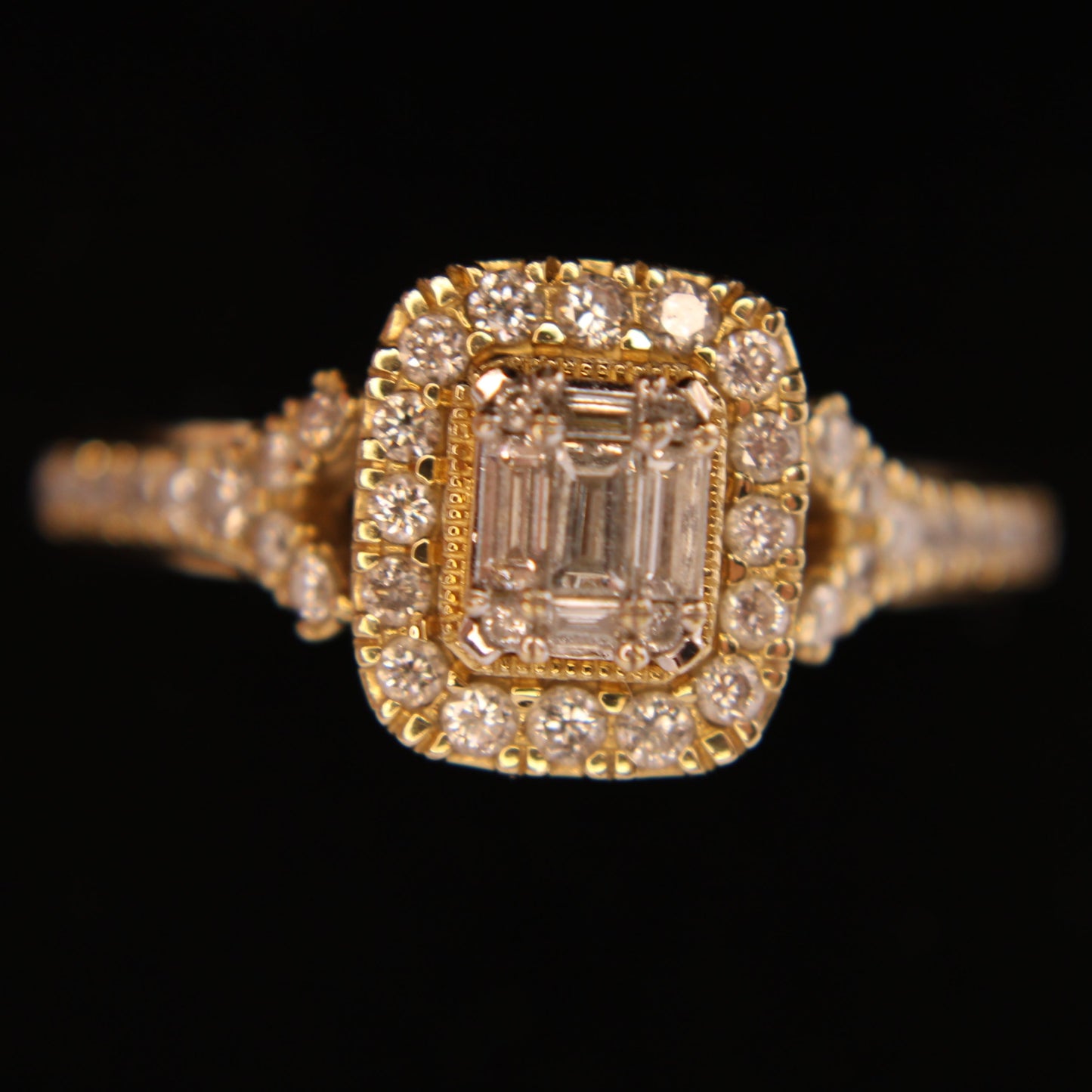 14kt Yellow Gold Diamond Round & Emerald Cut Midcentury Modern Engagement Ring