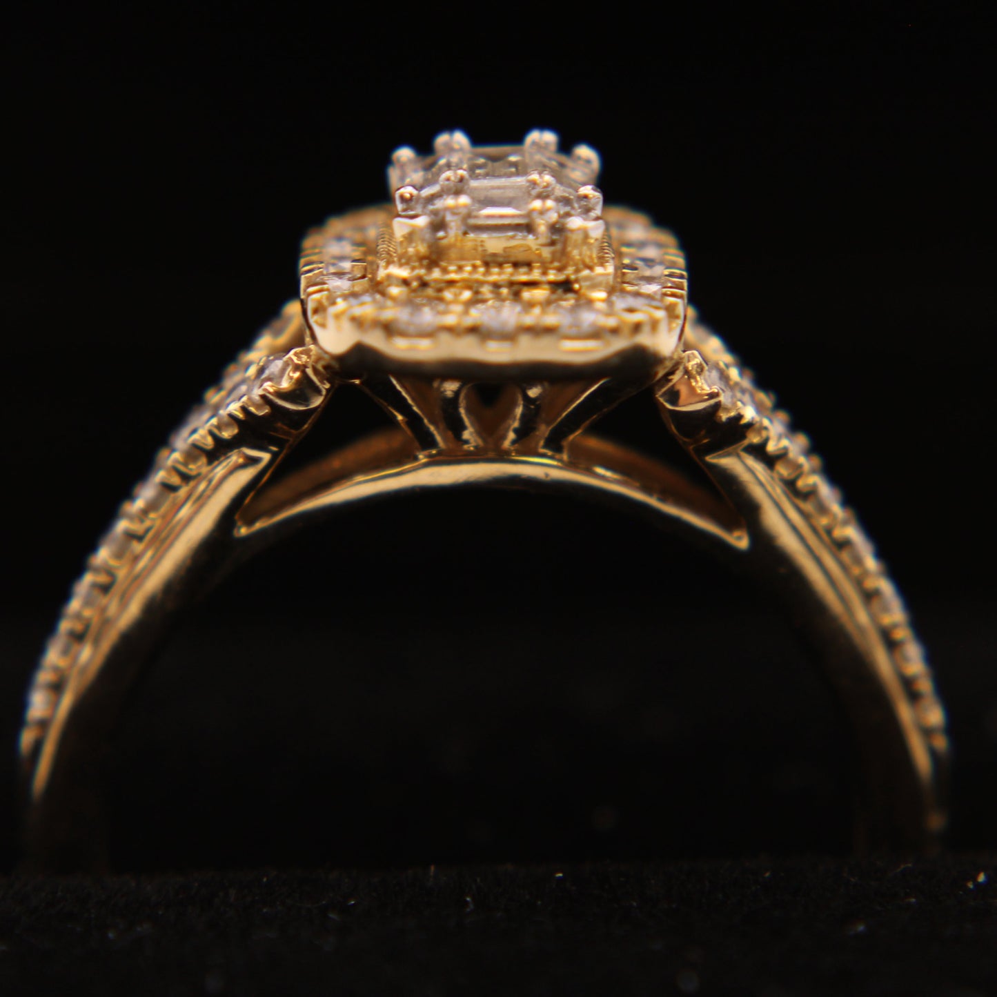 14kt Yellow Gold Diamond Round & Emerald Cut Midcentury Modern Engagement Ring