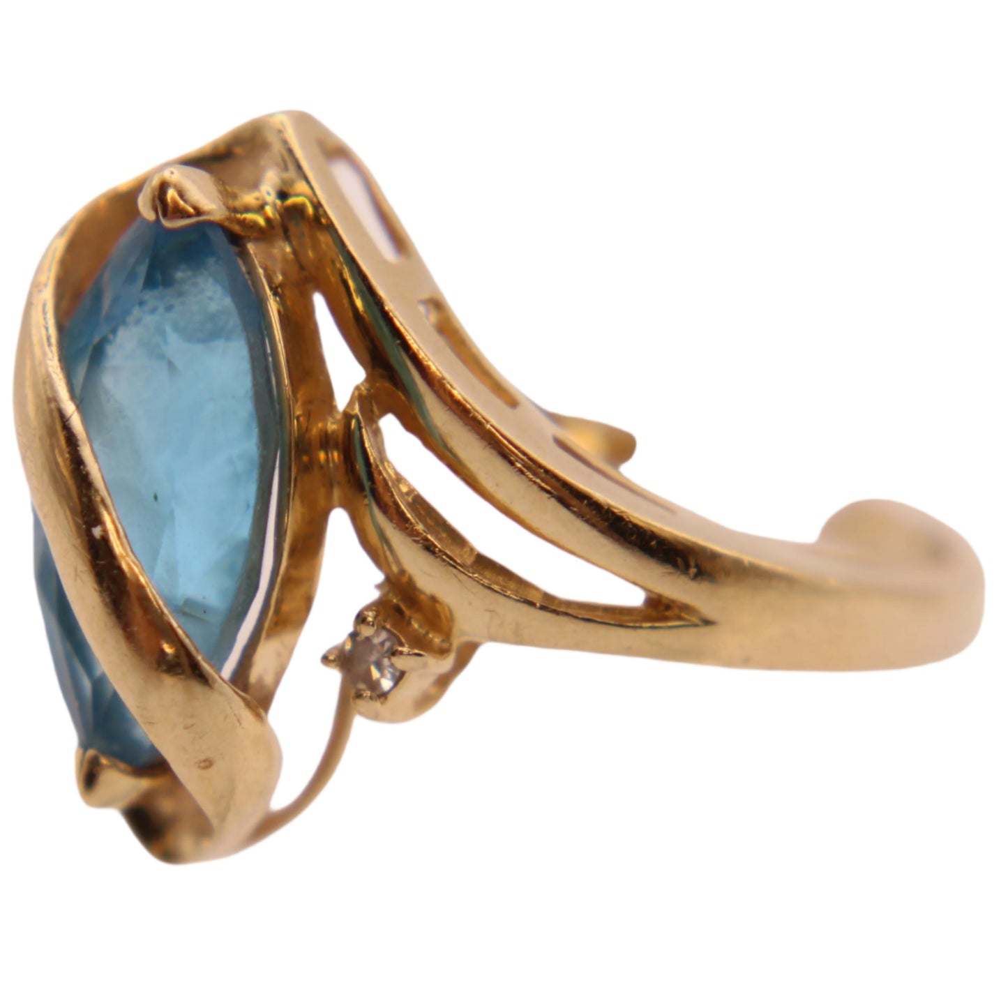 14kt Yellow Gold Diamond Blue Topaz Marquise Ribbon Wrap Cocktail Ring