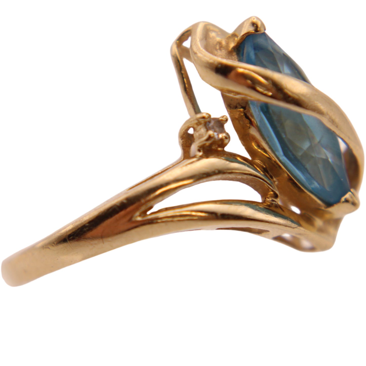 14kt Yellow Gold Diamond Blue Topaz Marquise Ribbon Wrap Cocktail Ring