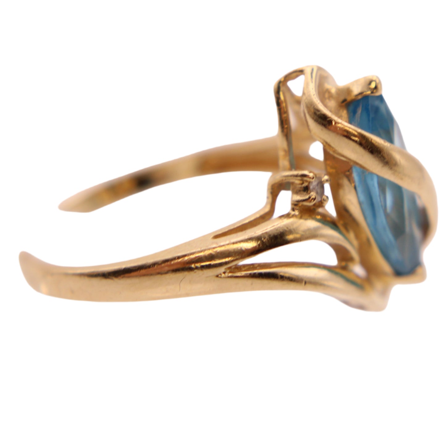 14kt Yellow Gold Diamond Blue Topaz Marquise Ribbon Wrap Cocktail Ring