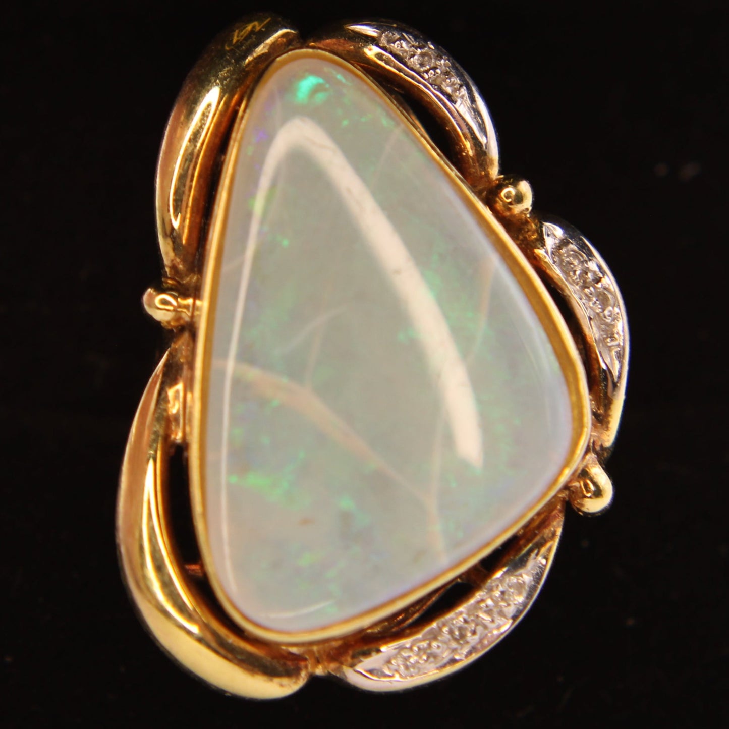 *SOLD* Vintage 14kt Yellow White Gold Large Natural Australian Opal Fire Diamond Cocktail Ring