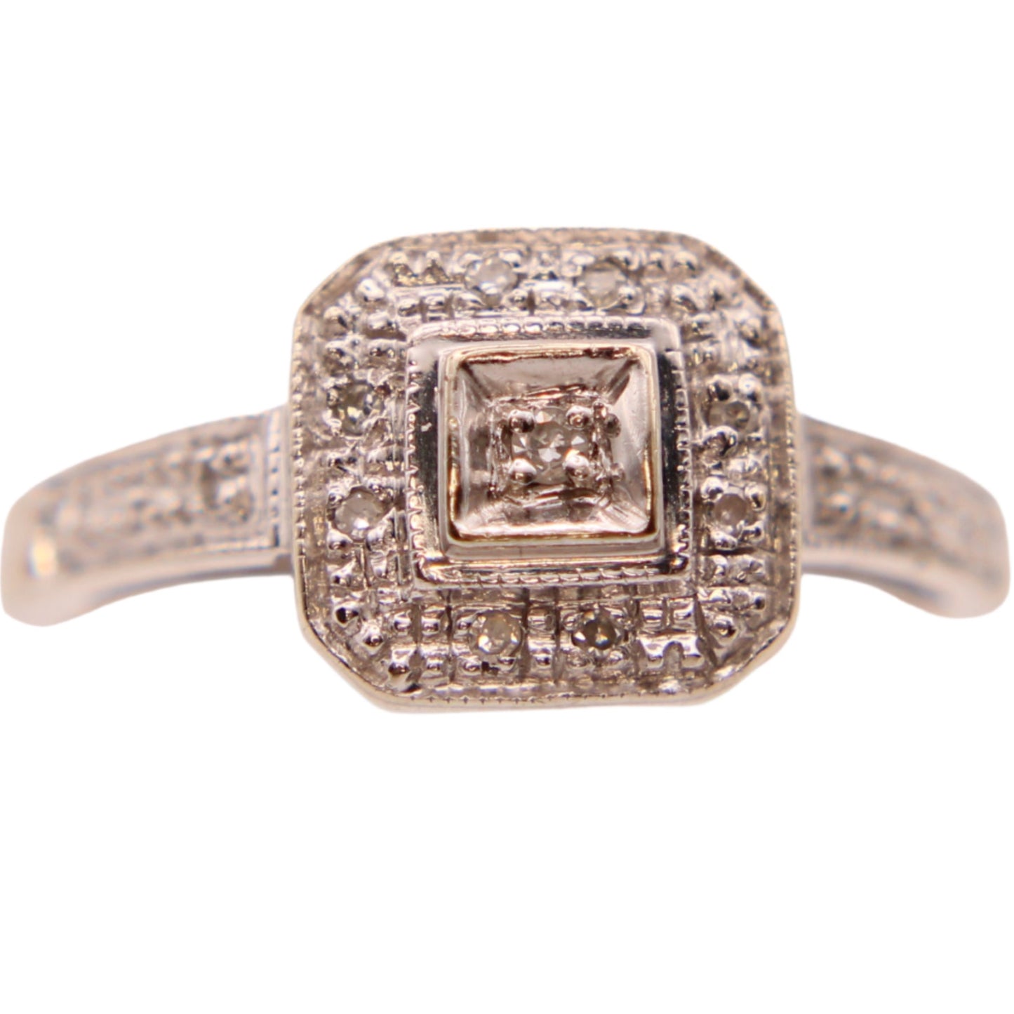10kt White Gold Diamond Halo Vintage Milgrain Style Engagement Ring