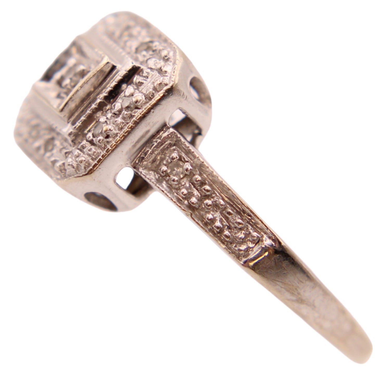 10kt White Gold Diamond Halo Vintage Milgrain Style Engagement Ring