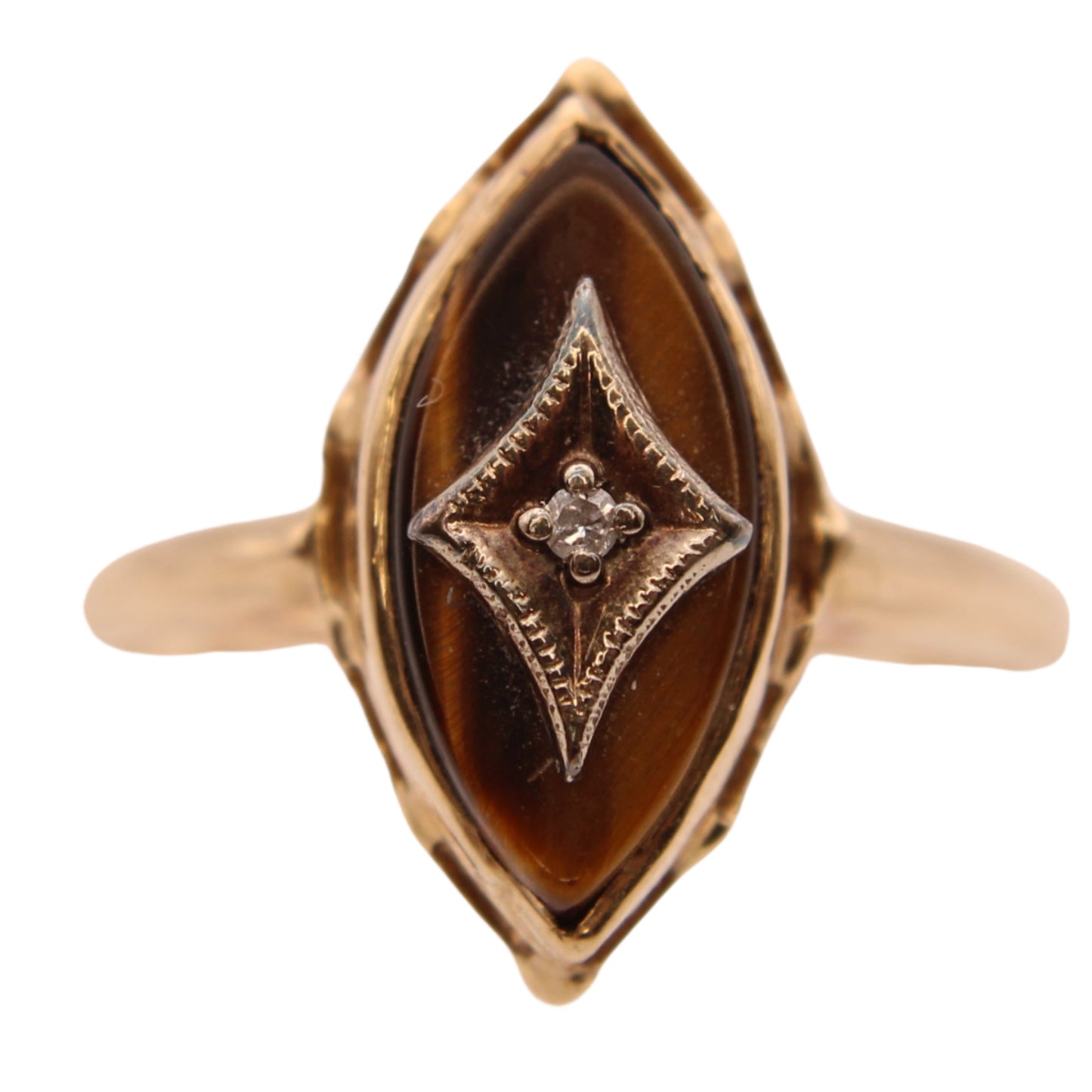 Antique 10kt Yellow Gold Tigers Eye Diamond Art Deco Cocktail Statement Ring