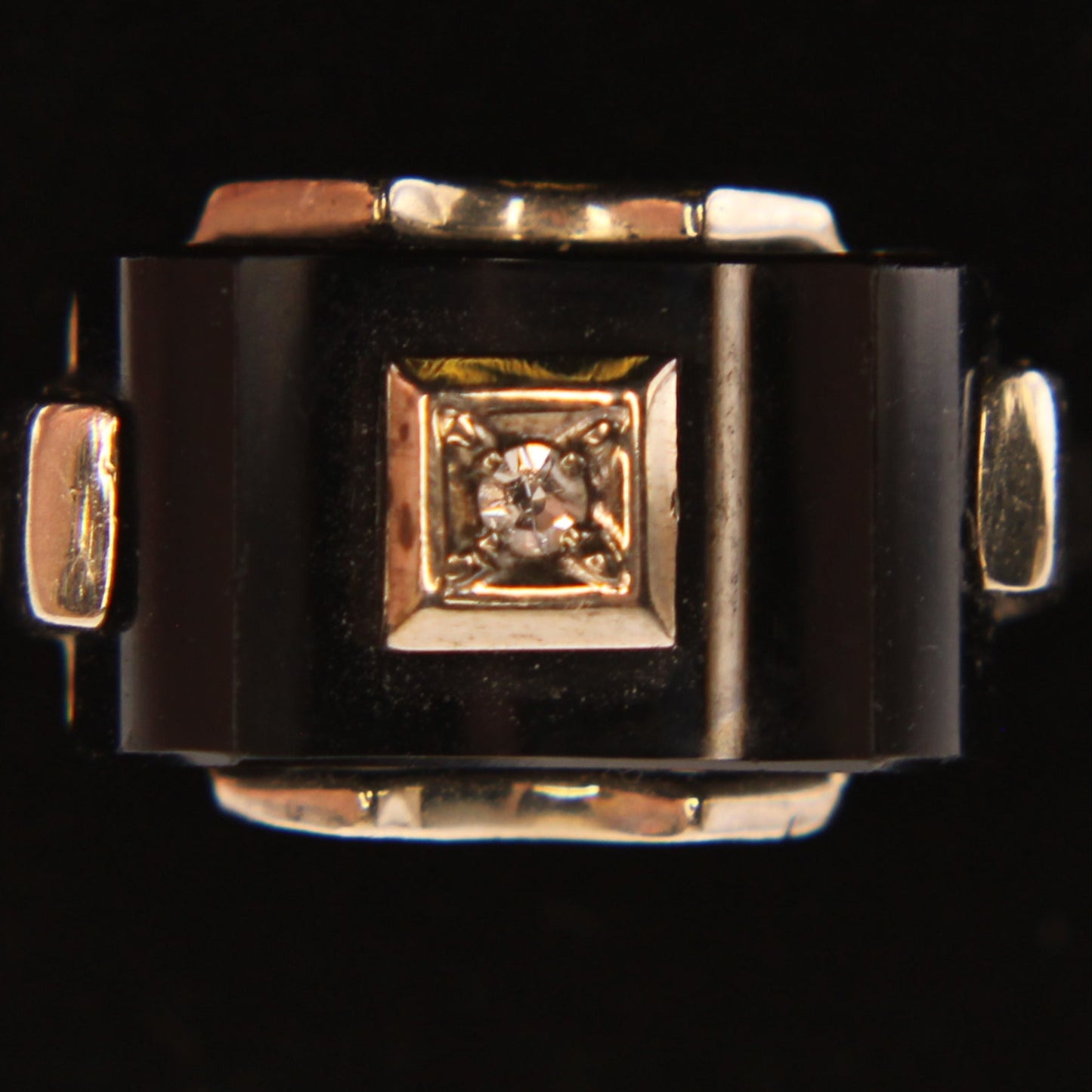 Antique 10kt White Gold Art Deco Onyx Diamond Cocktail Ring