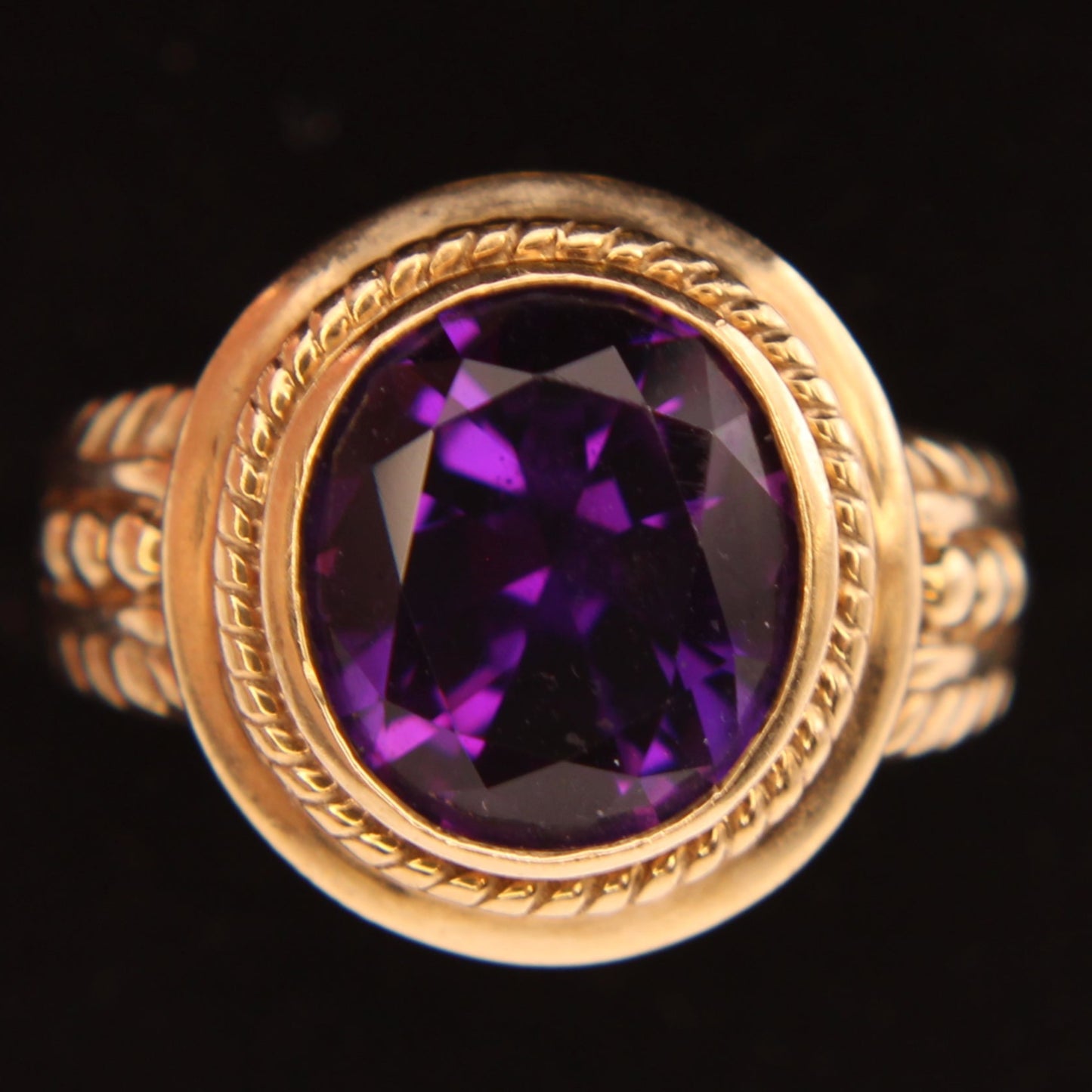 *SOLD* 9kt Yellow Gold Amethyst Bezel Bali Rope Class Ring