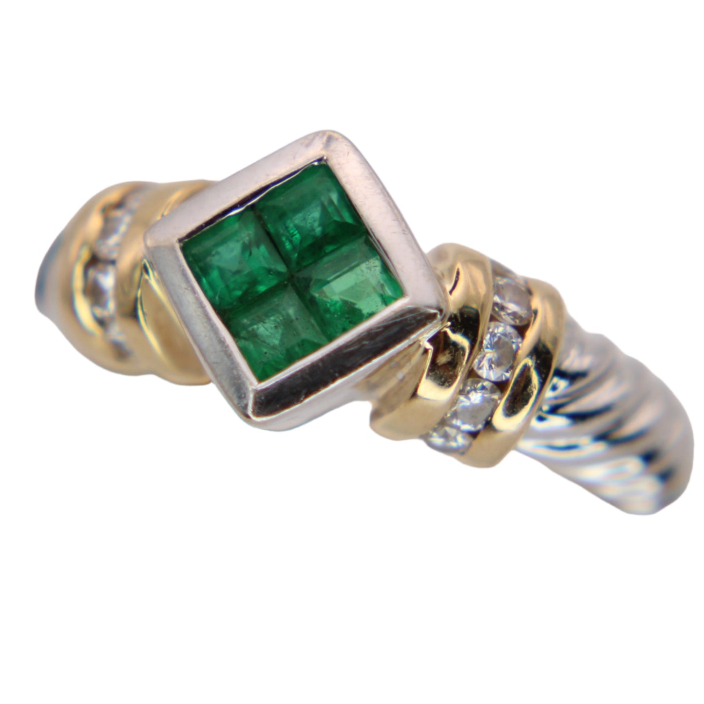 14kt Two Tone Gold Diamond Colombian Emerald White Yellow Twist Cable Ring
