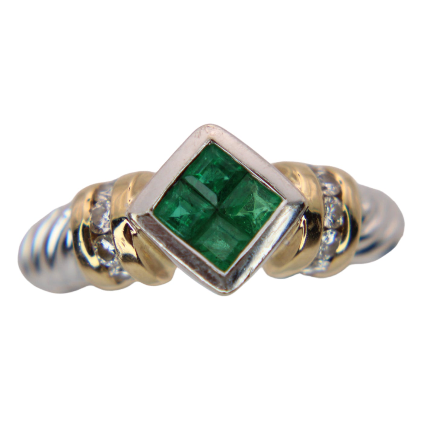 14kt Two Tone Gold Diamond Colombian Emerald White Yellow Twist Cable Ring