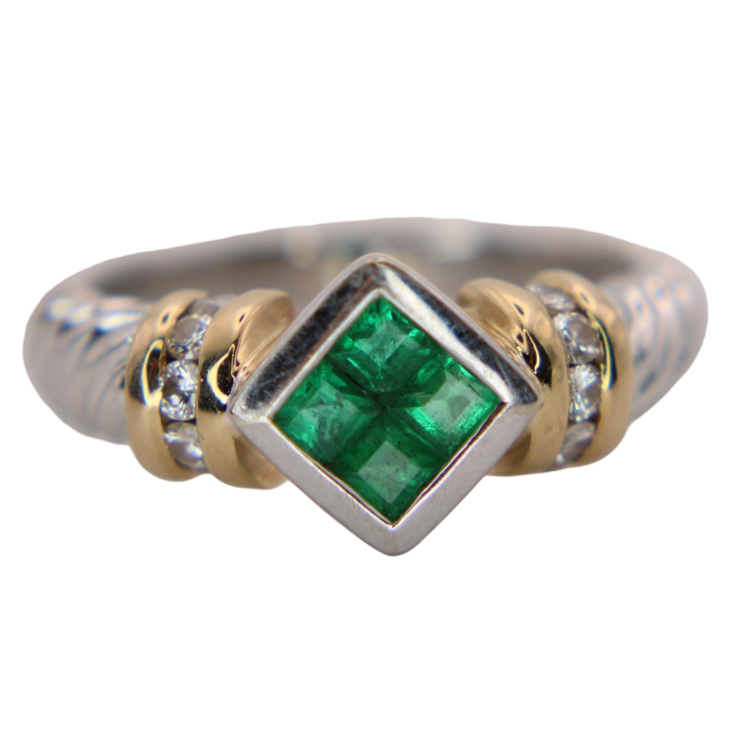 14kt Two Tone Gold Diamond Colombian Emerald White Yellow Twist Cable Ring