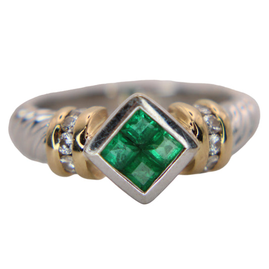 14kt Two Tone Gold Diamond Colombian Emerald White Yellow Twist Cable Ring