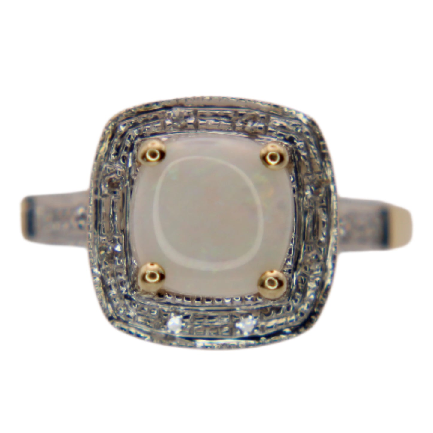 14kt Two Tone Yellow White Gold Diamond Cushion Cut Cabochon Opal Halo Ring