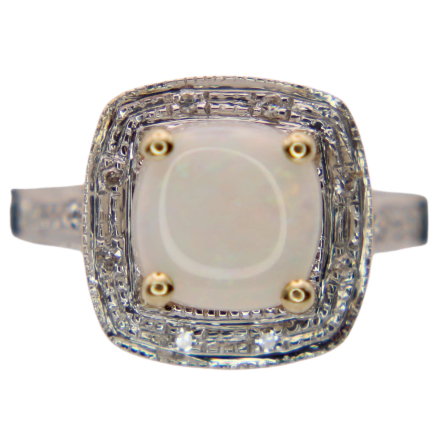 14kt Two Tone Yellow White Gold Diamond Cushion Cut Cabochon Opal Halo Ring