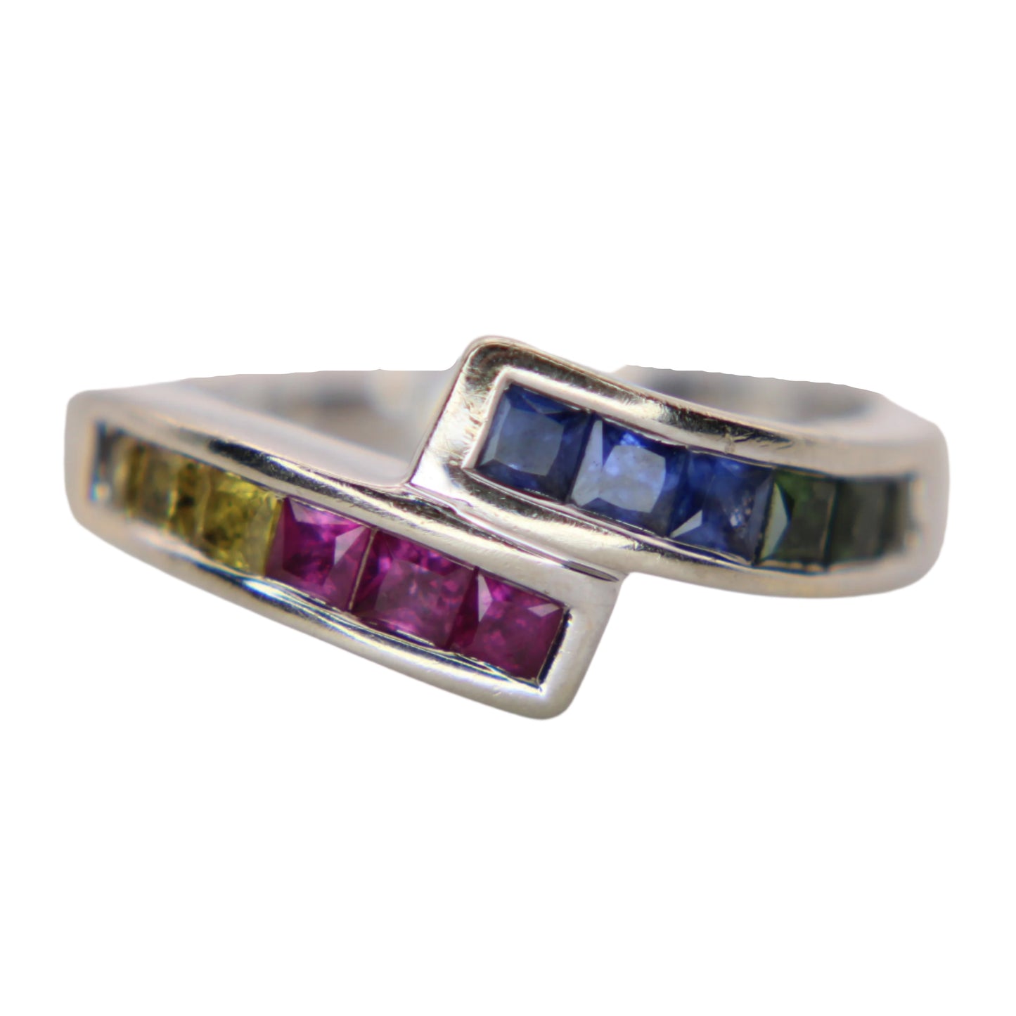 14kt White Gold Princess Cut Rainbow Sapphire Channel Set Bypass Ring