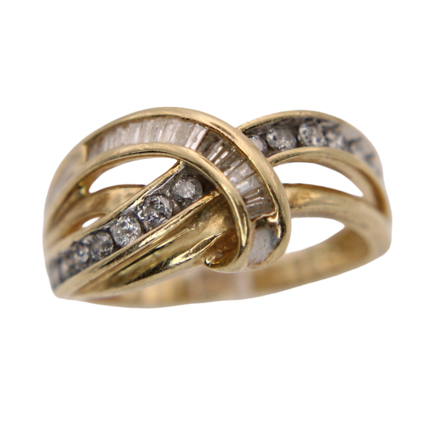 *SOLD* 10kt Yellow Gold Natural Diamond Round & Baguette Swirl Ribbon Ring