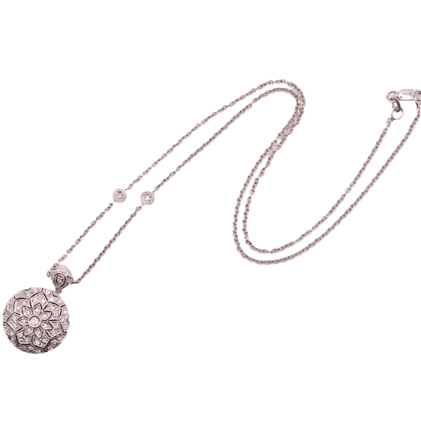 14kt White Gold Diamond Mandala Locket Station Chain Link Necklace 16"