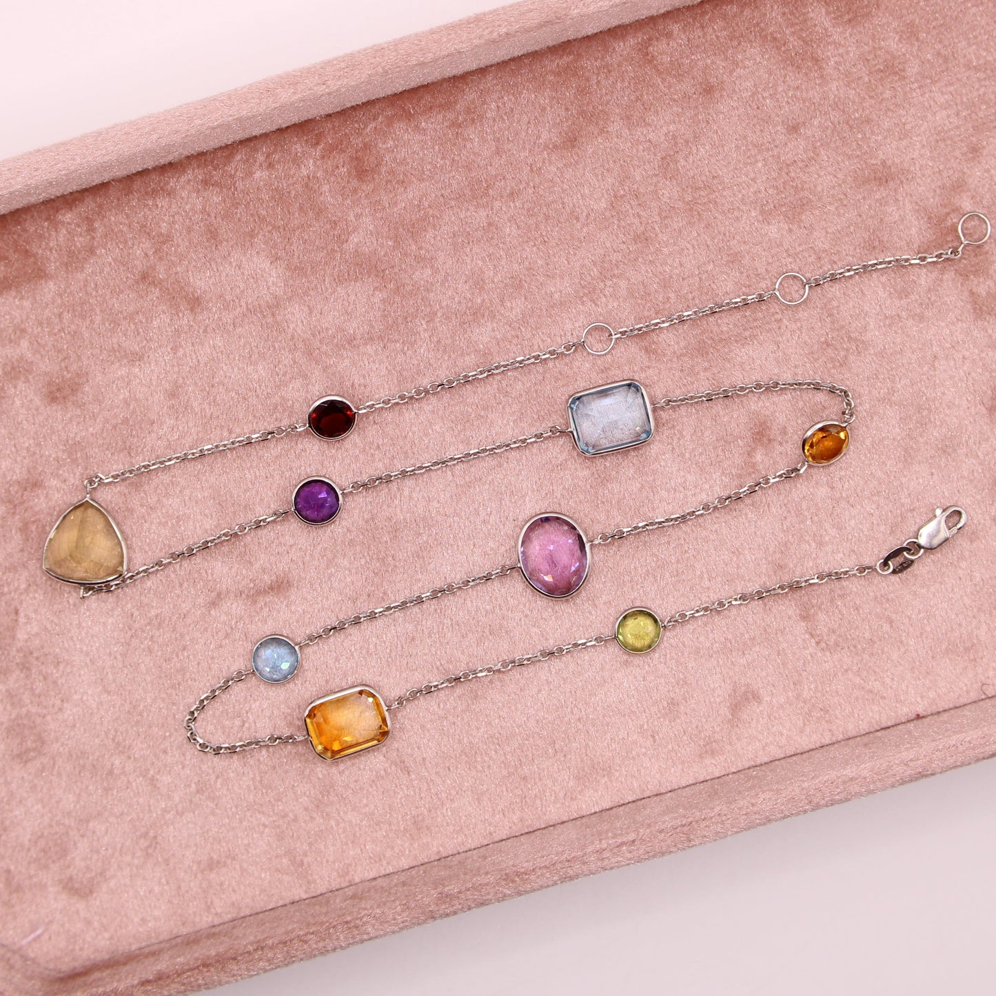 *SOLD* 14kt While Gold Topaz Multicolor Station Adjustable Chain Necklace