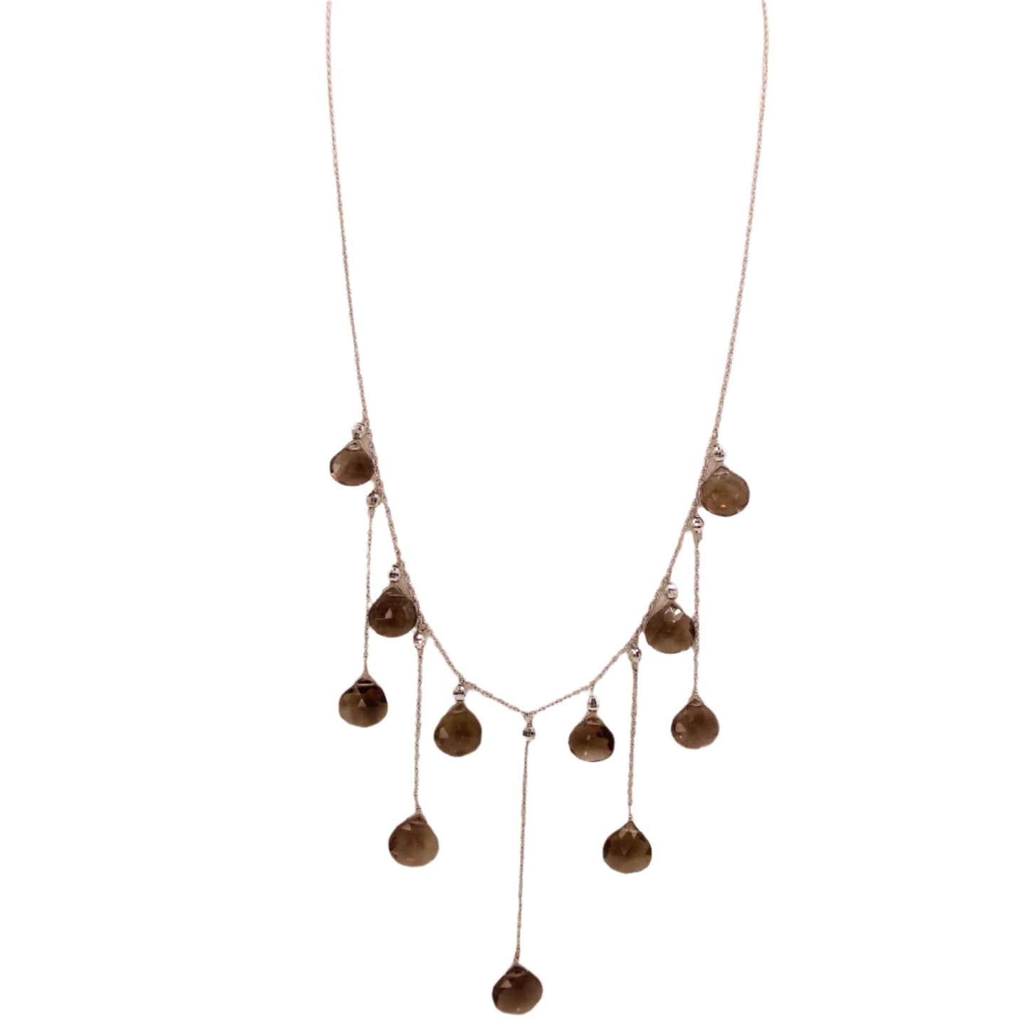 14kt White Gold Smoky Topaz Heart Briolette Fringe Dangle Collar Necklace