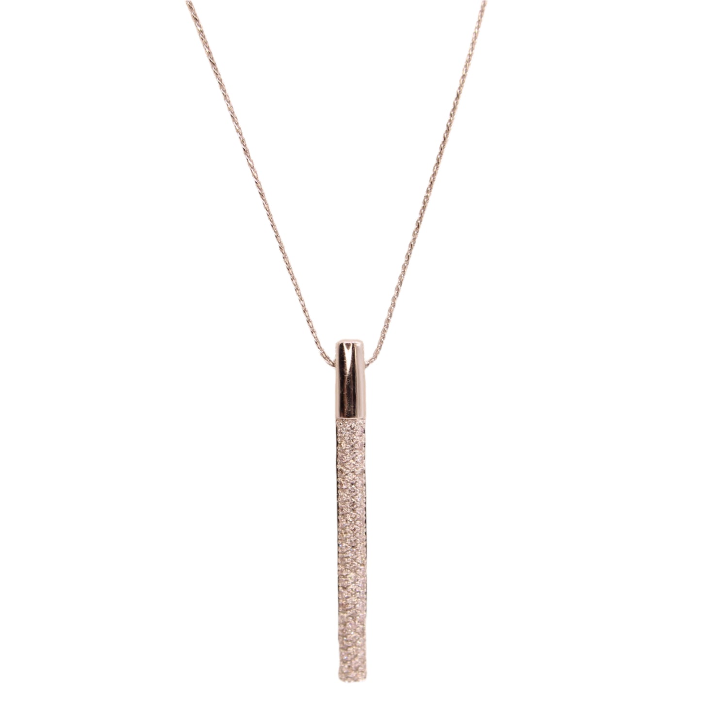 14kt White Gold Diamond Pave Vertical Bar Pendant Wheat Chain Necklace