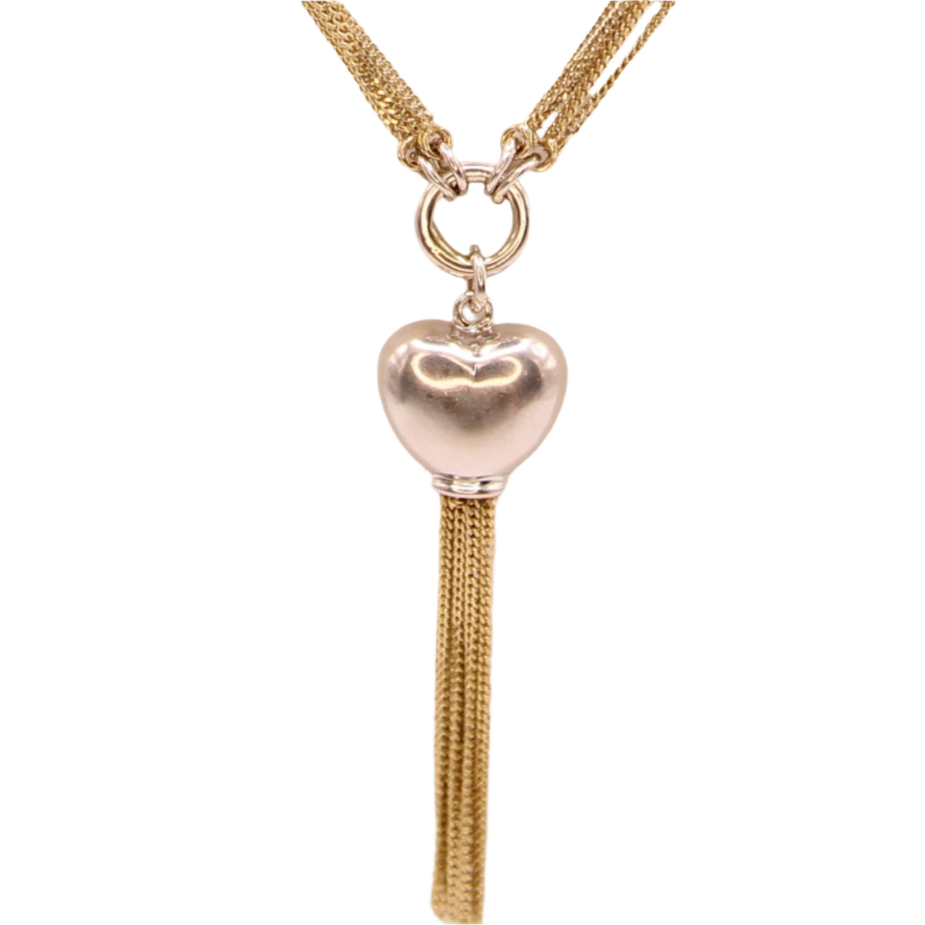 14kt Two Tone Yellow Gold Multi Strand Station Heart Fringe Statement Necklace