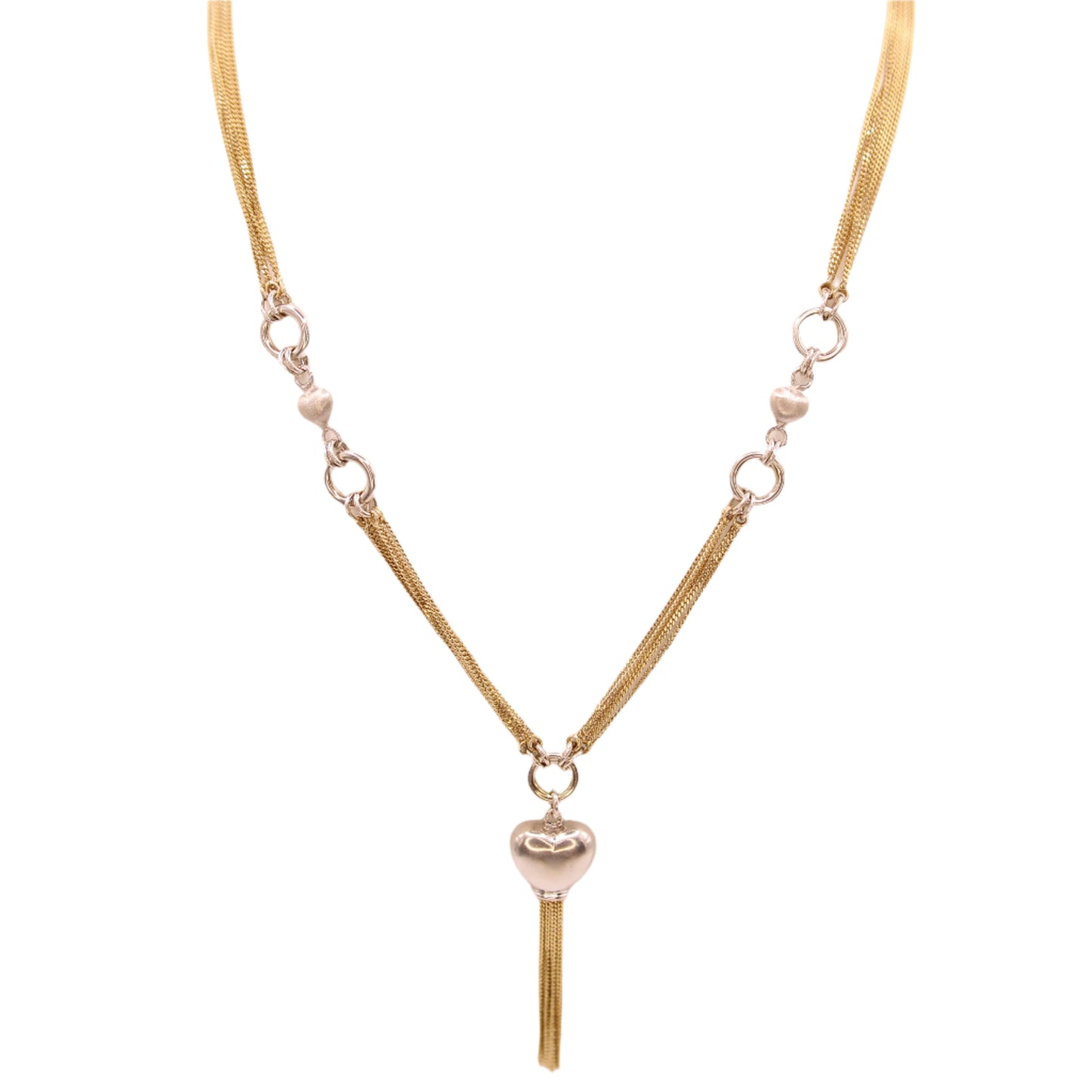 14kt Two Tone Yellow Gold Multi Strand Station Heart Fringe Statement Necklace