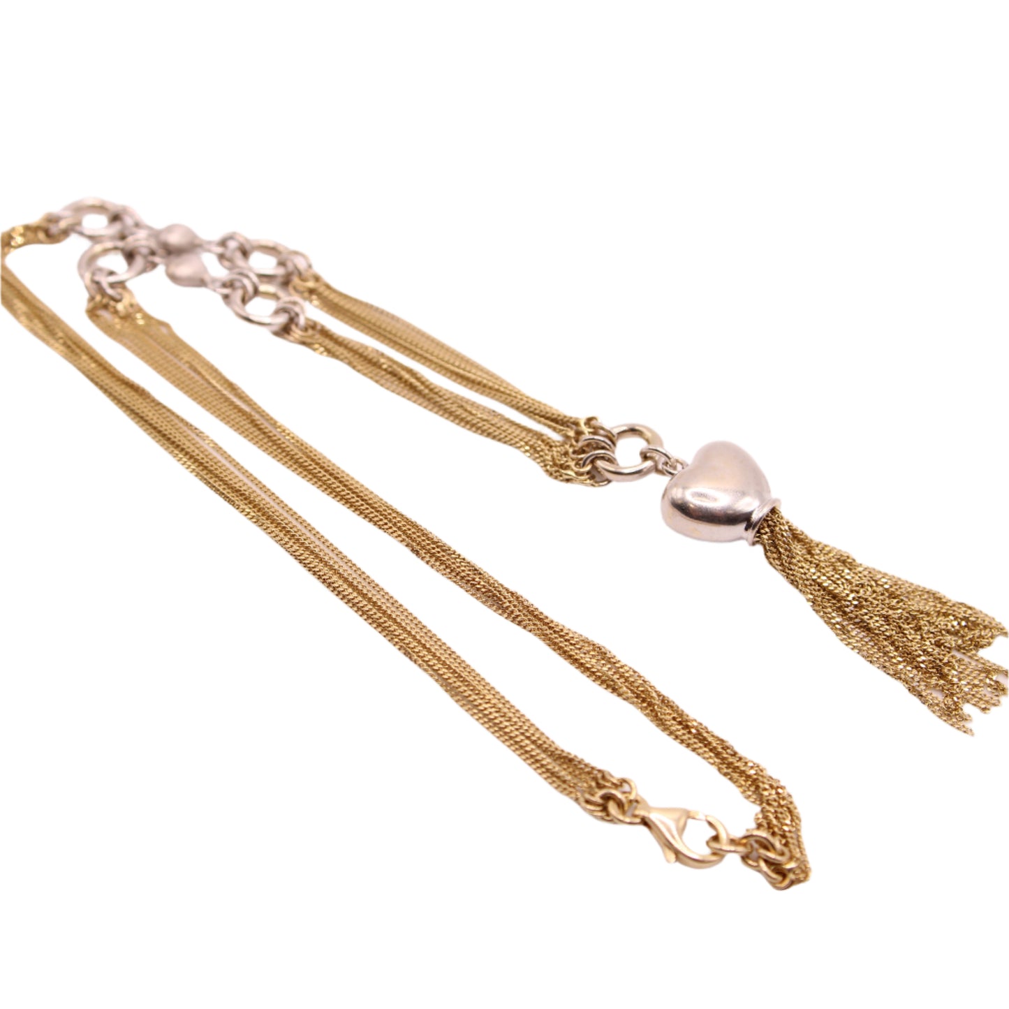 14kt Two Tone Yellow Gold Multi Strand Station Heart Fringe Statement Necklace