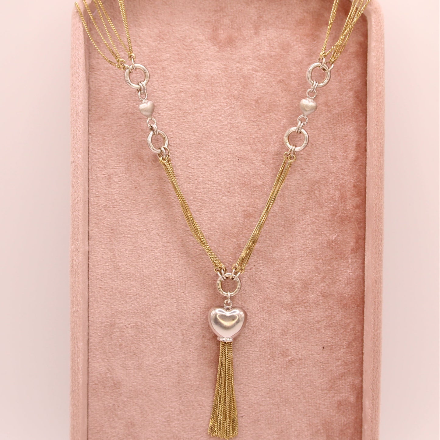14kt Two Tone Yellow Gold Multi Strand Station Heart Fringe Statement Necklace