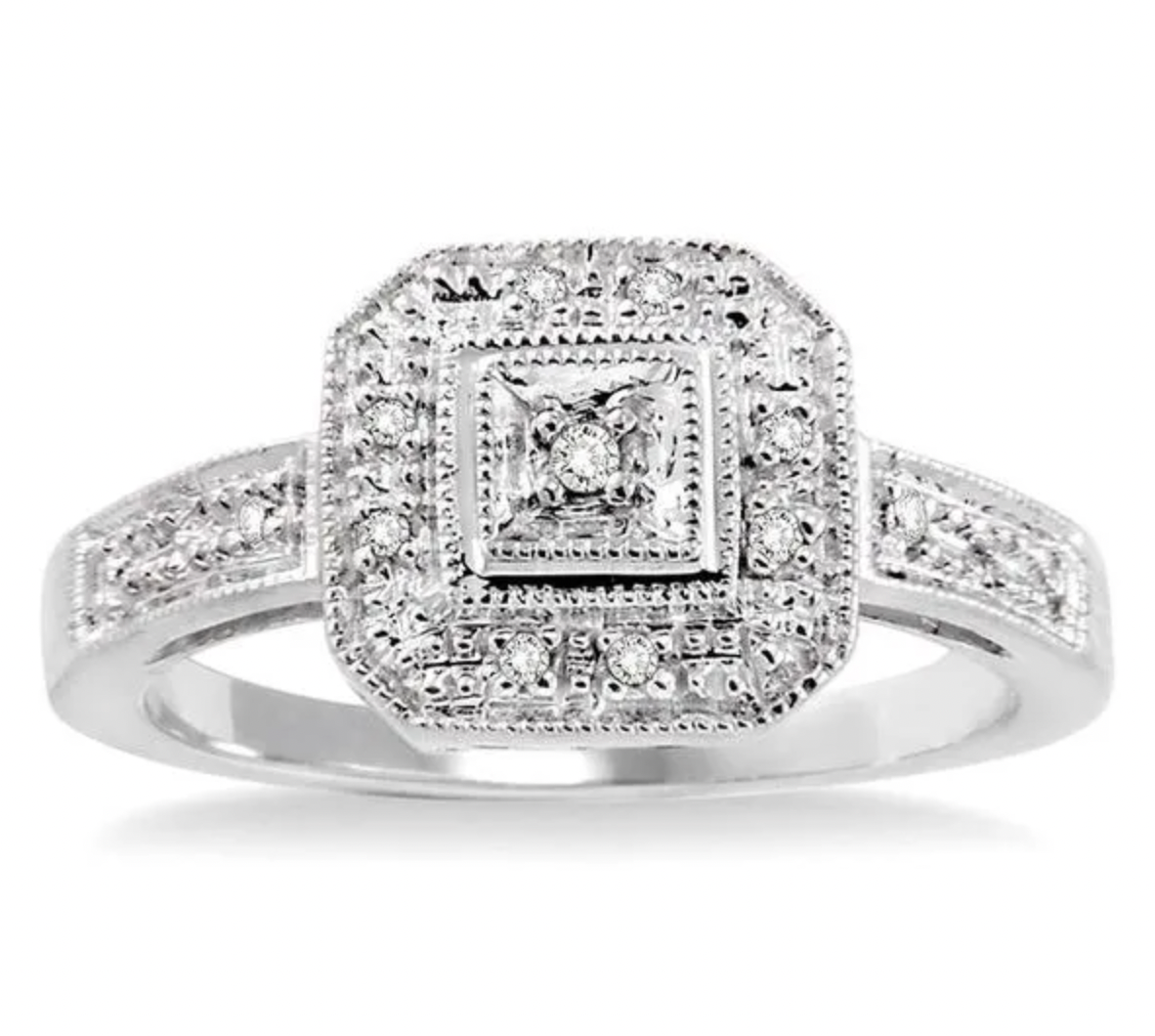 10kt White Gold Diamond Halo Vintage Milgrain Style Engagement Ring