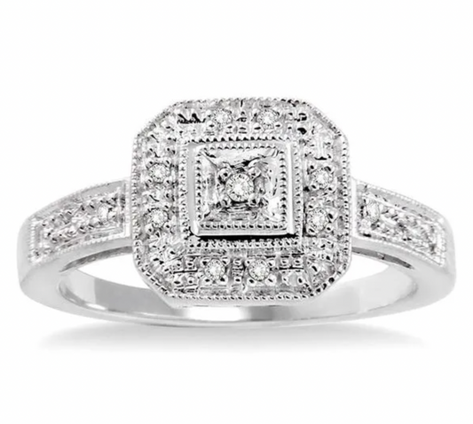 10kt White Gold Diamond Halo Vintage Milgrain Style Engagement Ring