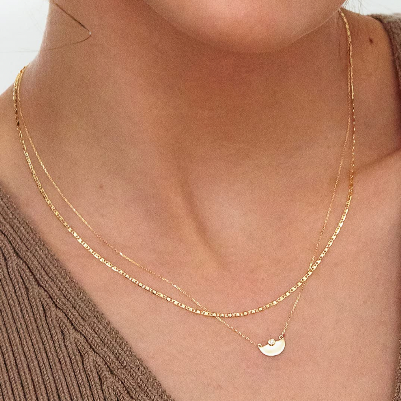 *SOLD* 14k Gold Abstract Half Moon Diamond Station Horizon Pendant Chain Necklace 18"