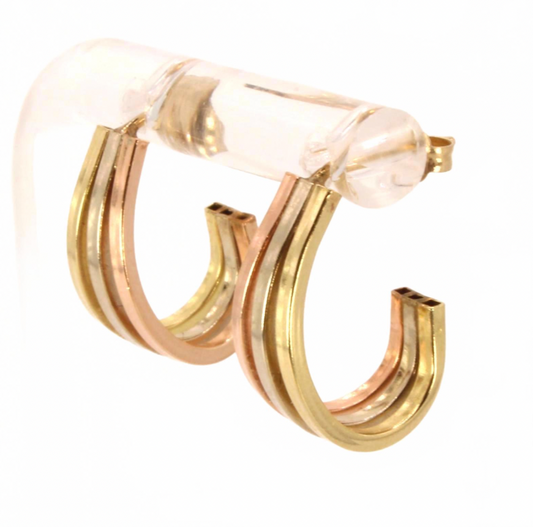 14kt Tricolor Yellow Rose White Gold 0.7" J Hoop Post Earrings