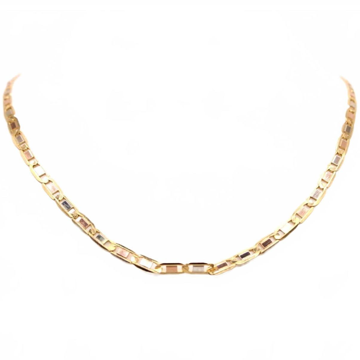 18kt TriColor Gold Yellow White Rose Valentina Link Chain Necklace 21"