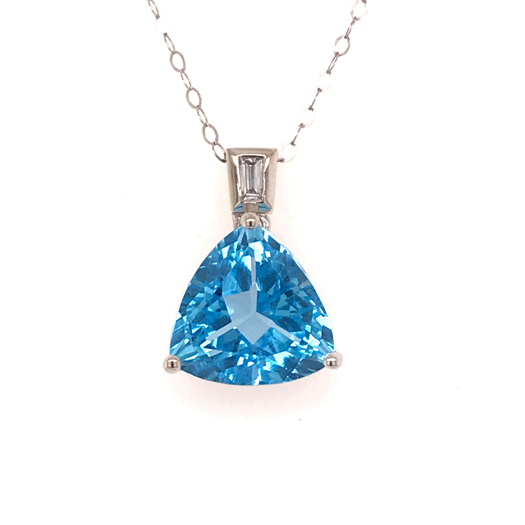 14kt White Gold Trillion Blue Topaz Baguette Diamond Cable Chain Necklace