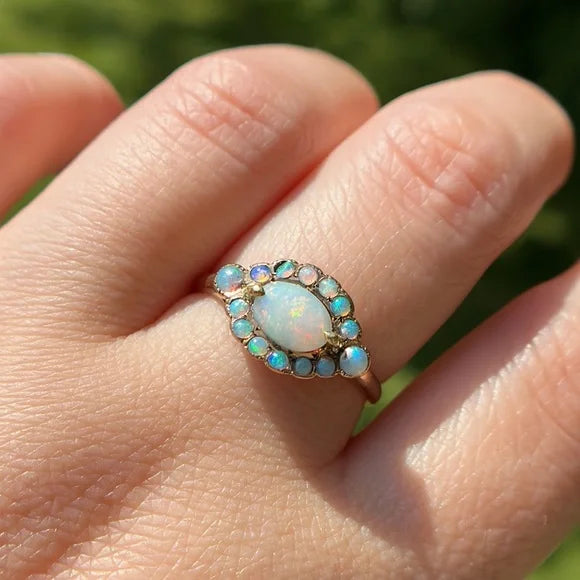*SOLD* Antique 14kt Yellow Gold Victorian Opal Halo Cluster Ring