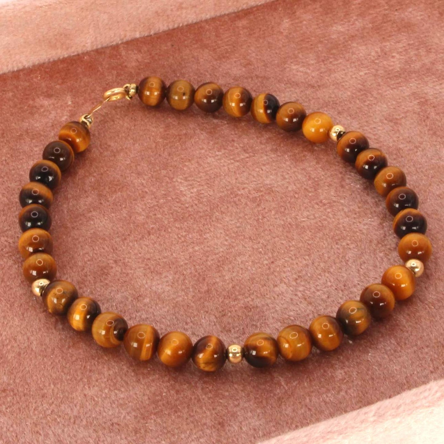 Vintage 14kt Yellow Gold Tiger's Eye Round Bead Bracelet 6.75"