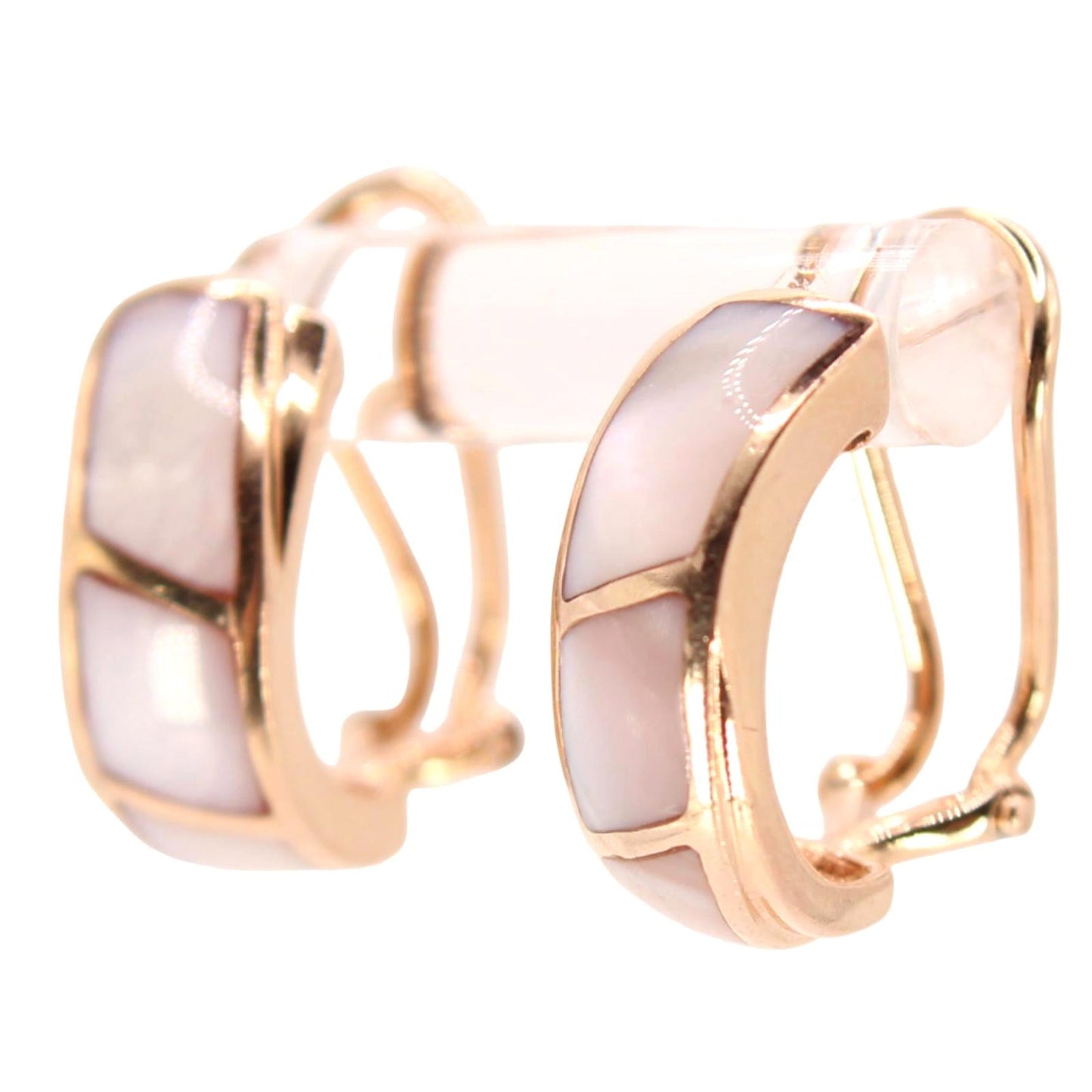 14k Rose Gold Inlaid Mother of Pearl Wavy Half Hoop French Clip Earrings