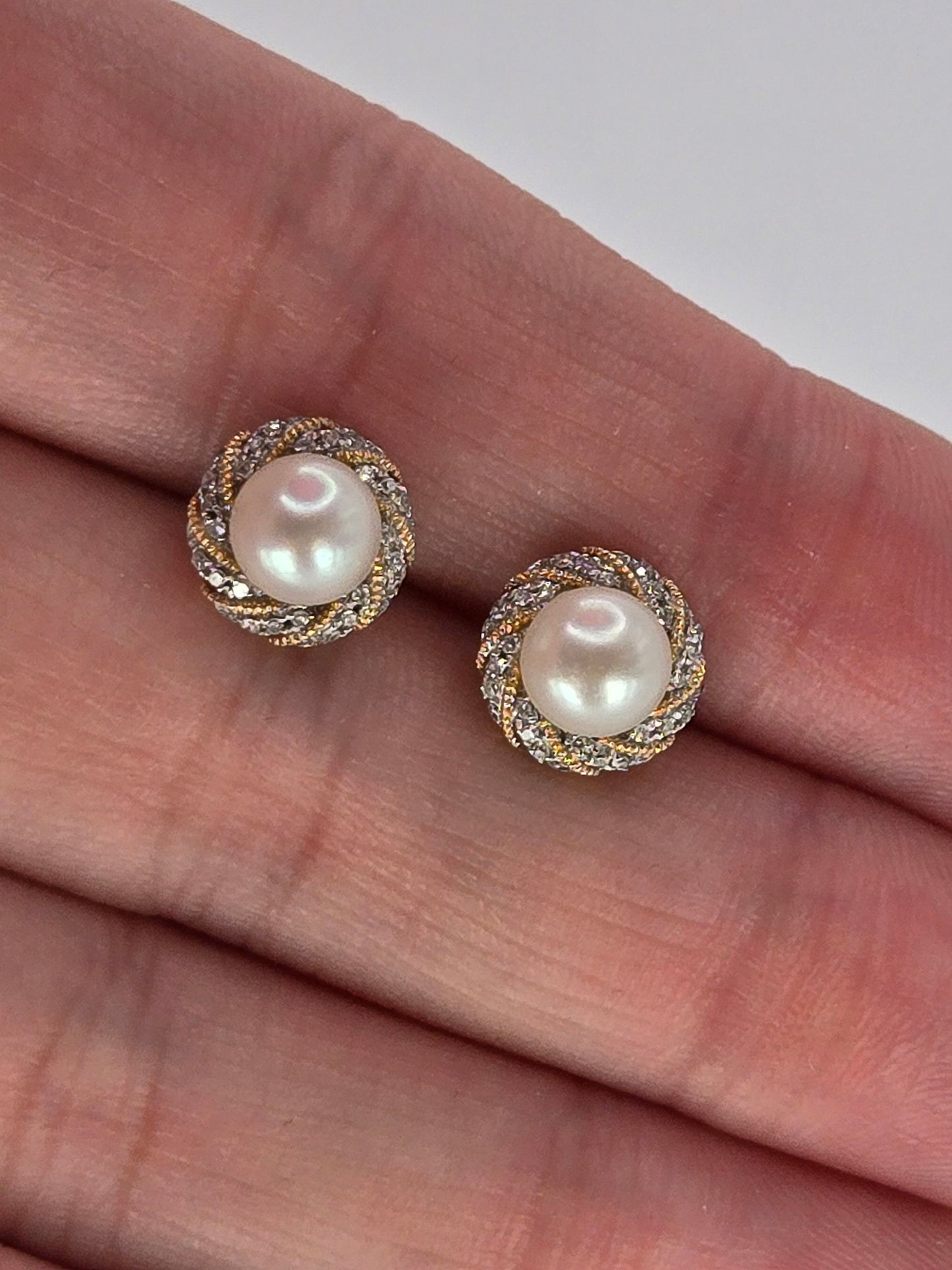 Alwand Vahan 14kt Two Tone Yellow White Gold Diamond Halo Pearl Pierced Stud Earrings