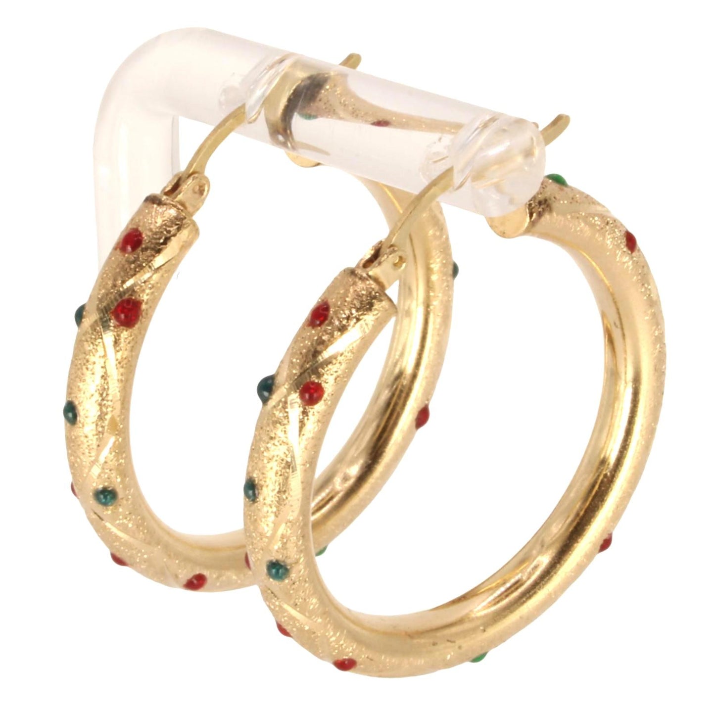 Vintage 14kt Yellow Gold Etched Enamel Dot Hoop Earrings 1.3"
