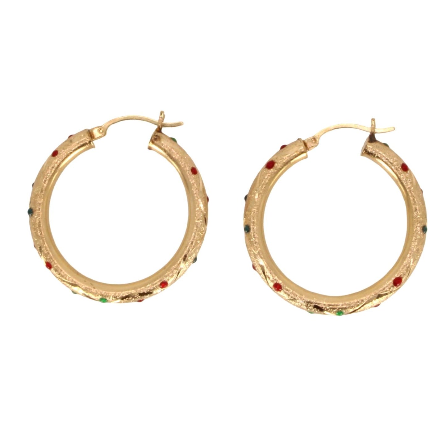 Vintage 14kt Yellow Gold Etched Enamel Dot Hoop Earrings 1.3"